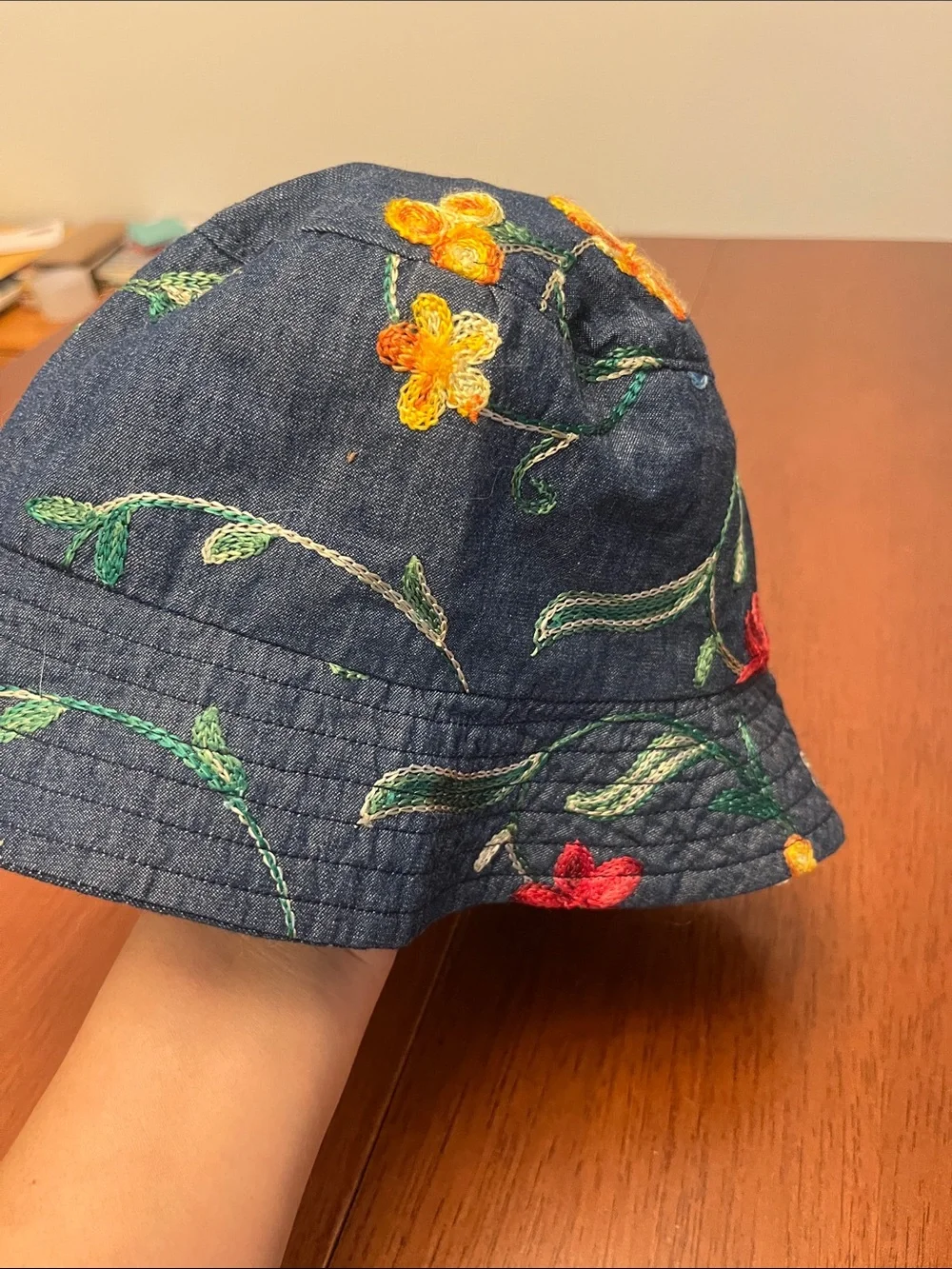 Embroidered Floral Denim Bucket Hat - Navy reversible kids